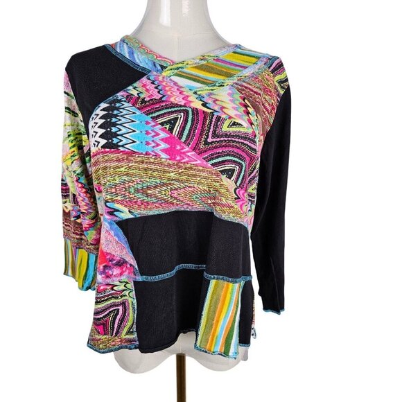Parsley & Sage Top Petite Large Boho Mixed Media Artsy Colorful 3/4 Sleeve Black - Picture 1 of 8